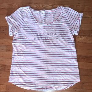 Banana Republic White and Red Striped Logo Tee